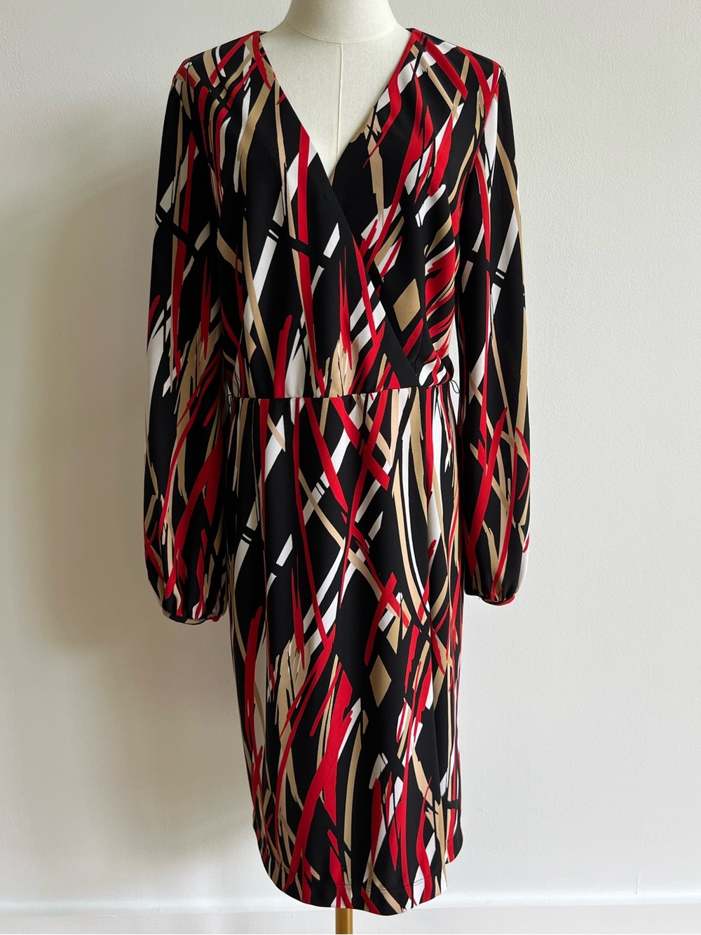 Vintage Made in USA Abstract Print Faux Wrap Balloon Sleeve Midi Dress Size 12